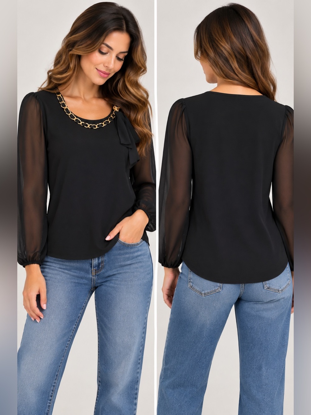 Cable & Gauge Black Sheer Sleeve Gold Chain Blouse Size S